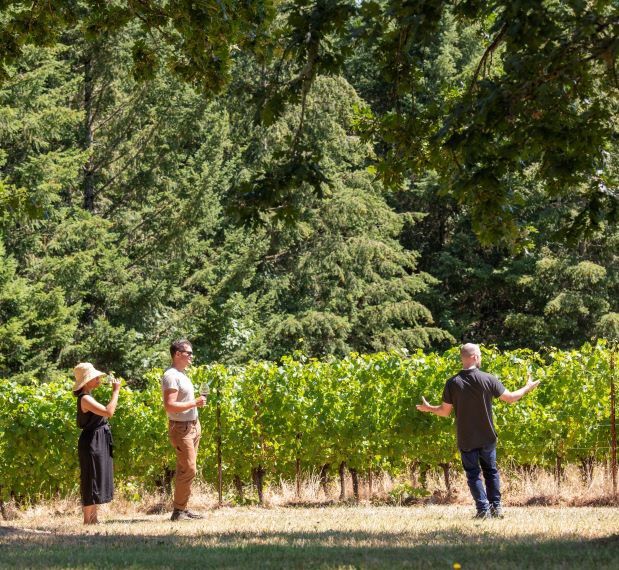 A couple being given a tour of the Penner-Ash vineyard.